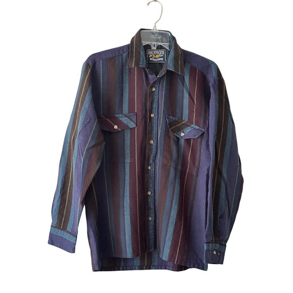VTG 90s Backpacker Outdoors Striped Long Sleeve Collared Shirt M Pockets - Picture 8 of 10